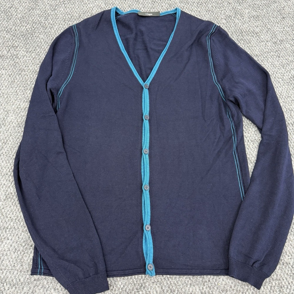 Z Zegna Men's M Cardigan Sweater Navy Blue Teal Contrast Trim V-Neck Button Knit